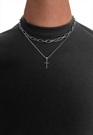 MINI CROSS PENDANT OVAL STEEL LAYER NECKLACE CHAIN - SILVER
