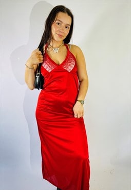 Vintage Size S Satin Lace Maxi Slip Dress in Red