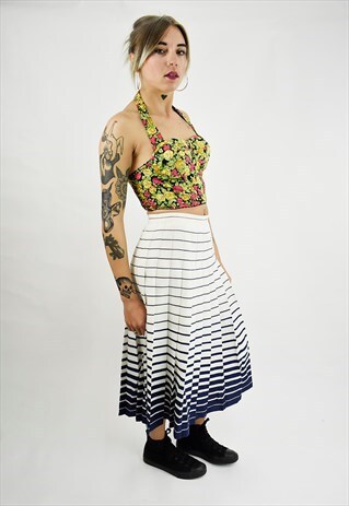 VINTAGE 80'S NAUTICAL STRIPED PLEATED MIDI SKIRT