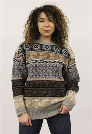 VINTAGE 1980S BROWN AND GREY PATTERNED JUMPER