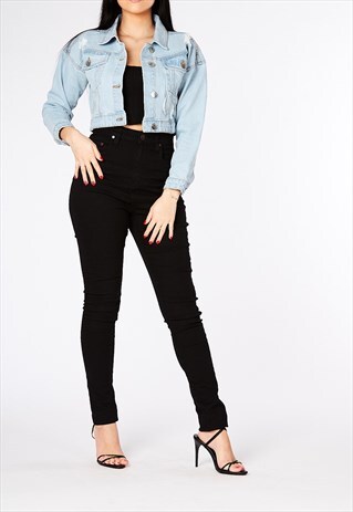 BLEACH WASH BLUE DISTRESSED CROPPED DENIM JACKET