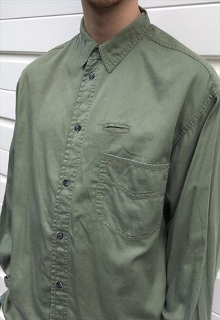 MENS VINTAGE 90S SHIRT LONG SLEEVED KHAKI GREEN TOP