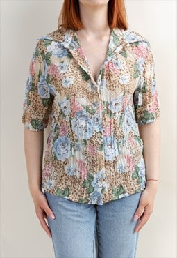 Vintage 90s Ruched Multi Color Floral Short Sleeve Shirt M/L