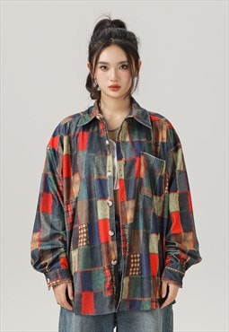 Color block shirt square pattern velvet feel retro top 