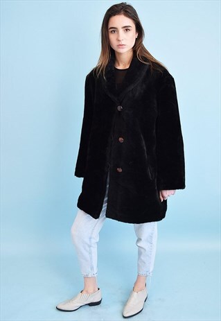VINTAGE 80'S RETRO OVERSIZED FAUX FUR BLACK COAT