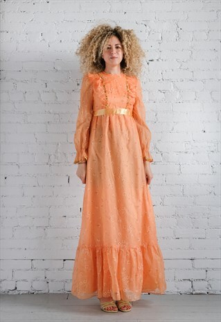 VINTAGE 70S ORANGE CREAM FLORAL RUFFLED MAXI