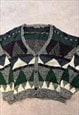 VINTAGE ABSTRACT KNITTED CARDIGAN PATTERNED GRANDAD SWEATER