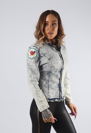 VINTAGE USA ACID WASH FITTED DENIM JACKET UK 8 XS (9E1N)