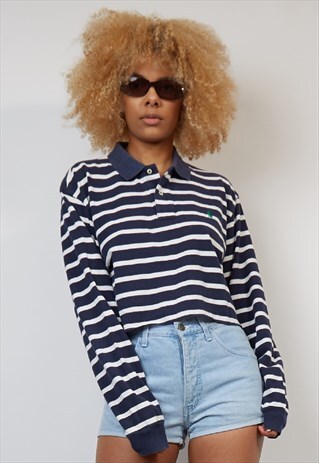 VINTAGE 90'S RALPH LAUREN REWORK WHITE STRIPE NAVY CROP TOP