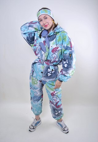 VINTAGE MULTICOLOR SKI SUIT, ABSTRACT SNOWSUIT WITH HEADBAND