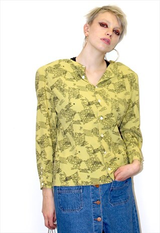 80S VINTAGE PRINTED SHIRT WITH SHOULDER PADS COLLARLESS PUNK