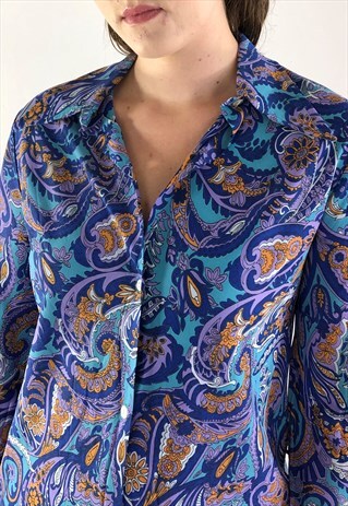 WOMENS VINTAGE 70S BLOUSE FLORAL PAISLEY POINTY COLLAR SHIRT
