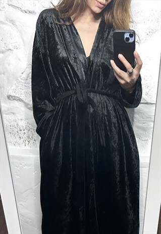 Retro 90s Black Velvet Wrap Robe Dress 