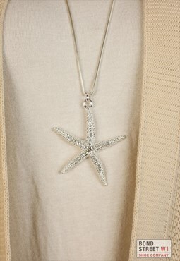 Silver Starfish Necklace with Rhinestone Detail
