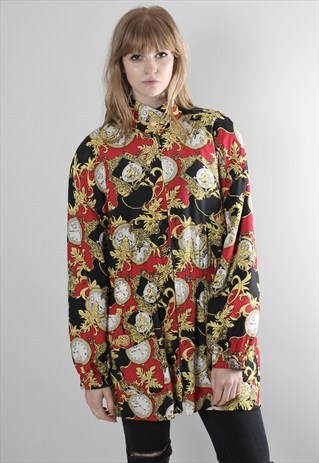 VINTAGE 80S PATTERNED CLOCK RED ZIP COAT JACKET