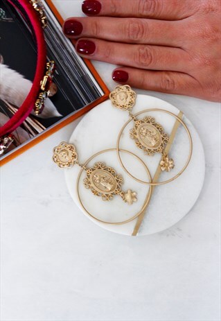 GOLD RELIGIOUS ICON HOOP DANGLE EARRINGS