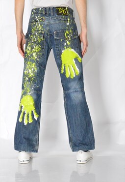 REWORKED G-Star Painted Neon Green Hand Splashed Blue Jeans