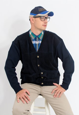 Vintage leather and wool cardigan in navy preppy sweater