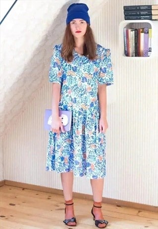 Bright blue and orange floral pleated midi dress