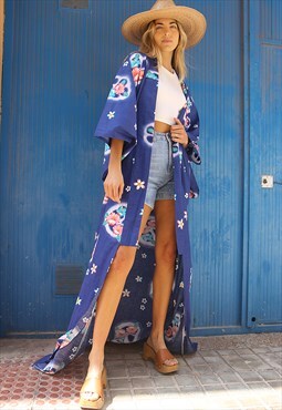 Vintage Blue Floral Print Full Length Cotton Kimono Jacket