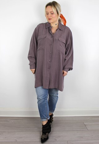 VINTAGE 1980'S GREY PURPLE REAL SILK LONG SHIRT 18 20