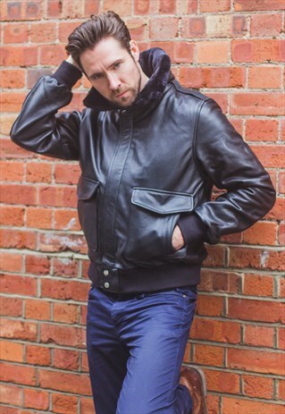 BLACK LEATHER & SHEARLING COLLAR PILOT JACKET