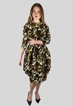 50's Vintage Cream Brown Leaf Floral Print Prom Dress