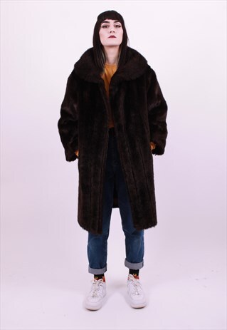 VINTAGE 60'S BLACK KNEE LENGTH FAUX FUR COAT SIZE MED INISEX