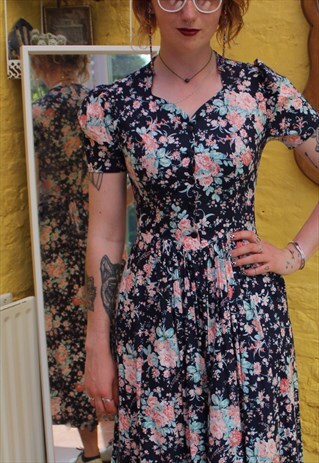 VINTAGE 80'S FLORAL FULL LENGTH MAXI DRESS POCKETS SIZE 6 8