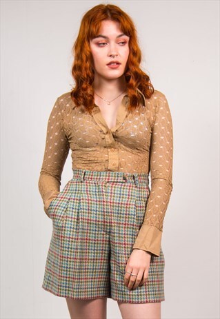 VINTAGE 70'S BROWN LACE MESH OPEN COLLAR BLOUSE SHIRT