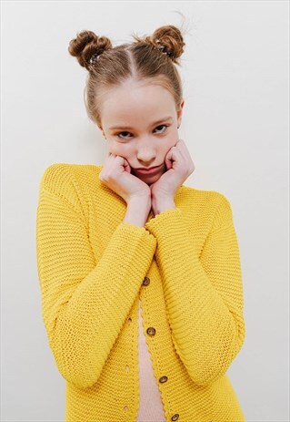Vintage 70s Minimal Yellow Crop Button Up Knit Cardigan XS