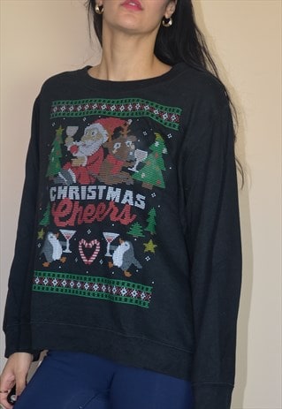 Vintage Christmas Sweatshirt Jumper w Cheers Graphic