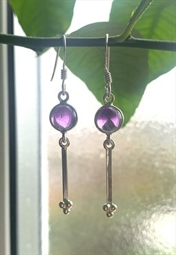 Handmade 925 silver long earrings with round amethyst stone