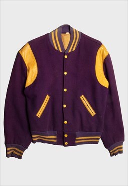 '80s Purple Yellow Oversized Fit Long Sleeve Varsity Jacket