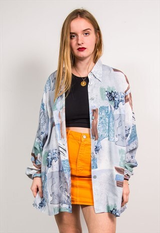 VINTAGE 90'S BLUE FLORAL PATTERN LONG SLEEVE SHIRT