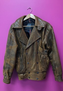 Vintage 80s Sardor Biker Jacket Brown Distressed Look 