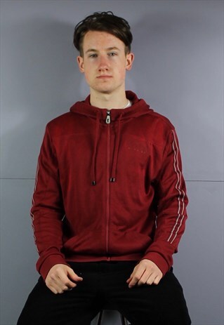 VINTAGE HUGO BOSS ZIP HOODIE IN RED WITH PRINTED LOGO. SIZE