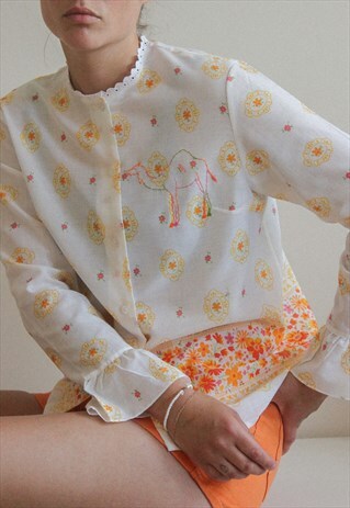 REWORKED VINTAGE HAND EMBROIDERED FLORAL SHIRT WITH FRILL CU