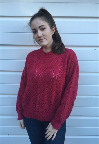 WOMENS VINTAGE 80S PINK HANDKNITTED PATTERNED JUMPER