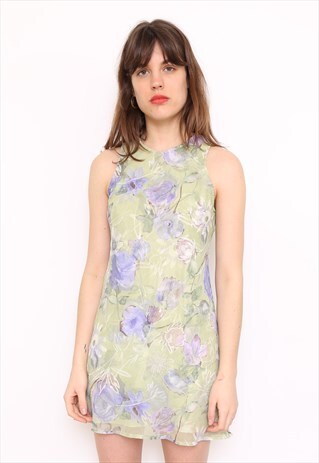 VINTAGE 90S GREEN FLORAL SHEER MINI DRESS