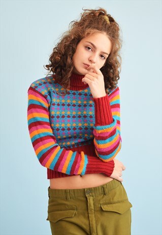 90'S GOES 70'S RETRO JAZZY KNIT TURTLENECK CROP JUMPER