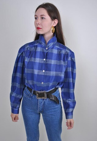 80S BLUE LONG SLEEVE BLOUSE WITH SILVER PLAID PRINT, SIZE M