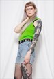 90S GRUNGE Y2K GOTH NEON LIME GREEN RIBBED HIGH NECK TOP