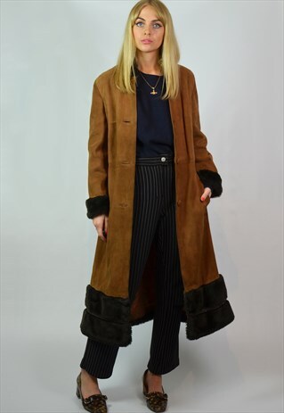 VINTAGE 70S LONGLINE BROWN SUEDE & BLACK TRIM COAT