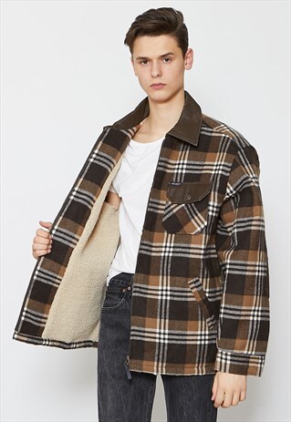 VINTAGE BROWN DELIUS CHECKERED SHEARLING WINTER SHIRT JACKET