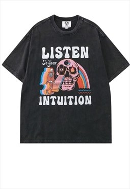 Skull t-shirt intuition slogan tee grunge top vintage grey
