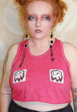 Pink Cotton Crop Vest Punk Grunge Bleeding Teeth Patches 