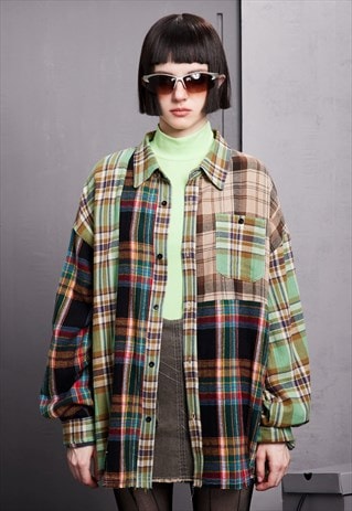 PATCHWORK SHIRT LONG SLEEVE CHECK BLOUSE PLAID TOP IN GREEN