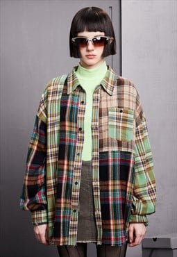 Patchwork shirt long sleeve check blouse plaid top in green
