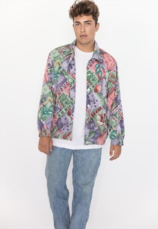 VINTAGE 80S PURPLE WITH GREEN FLORAL PRINT BOMBER JACKET